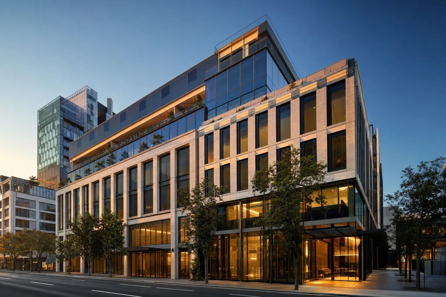 Modern commercial building at dusk